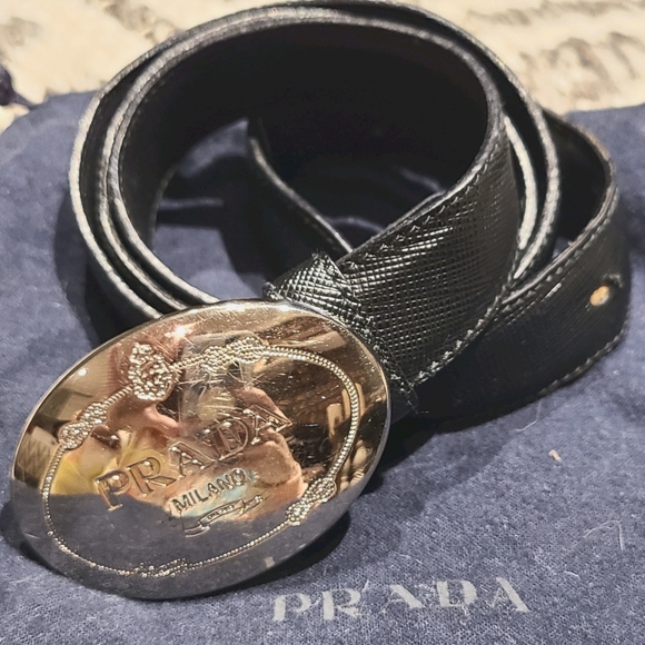 Prada Black Leather Belt with Silver Buckle - Picture 2 of 7